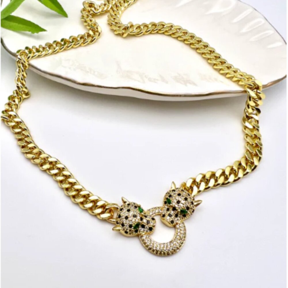 Gold Filled Green Eyed Dual Panther Head Cuban Chain Necklace 18"
